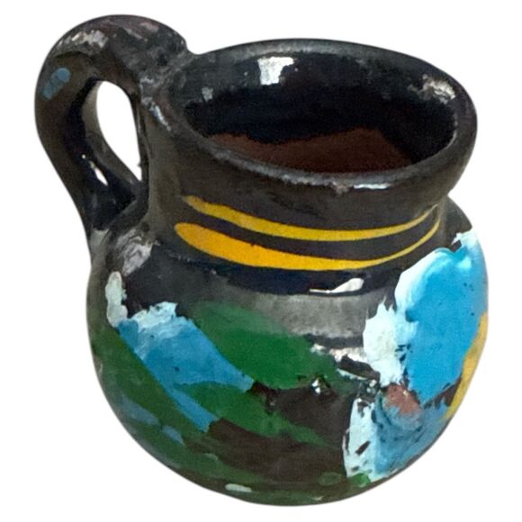 Vintage Mexican Mini Pottery Tea Set 9pc Hand Painted Leaf Tray Folk Art - Picture 14 of 15